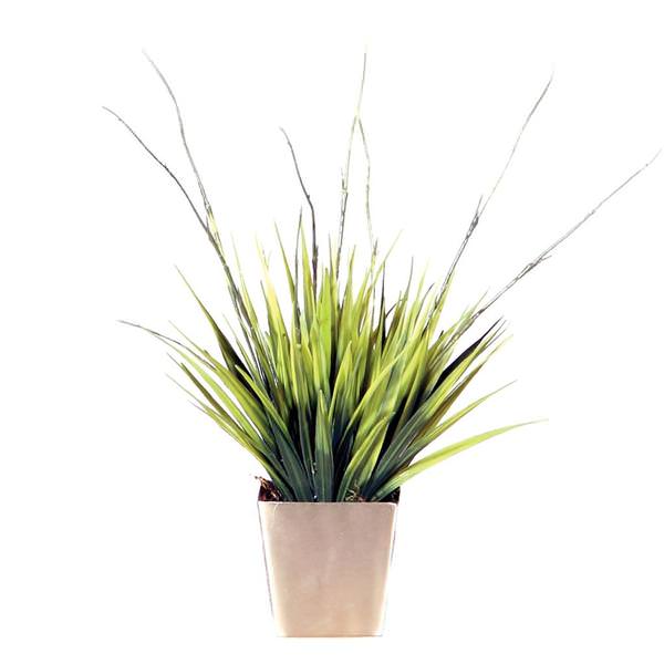 12" Artificial Two-tone PVC Grass in a Brushed Silver Metal Cube Pot
