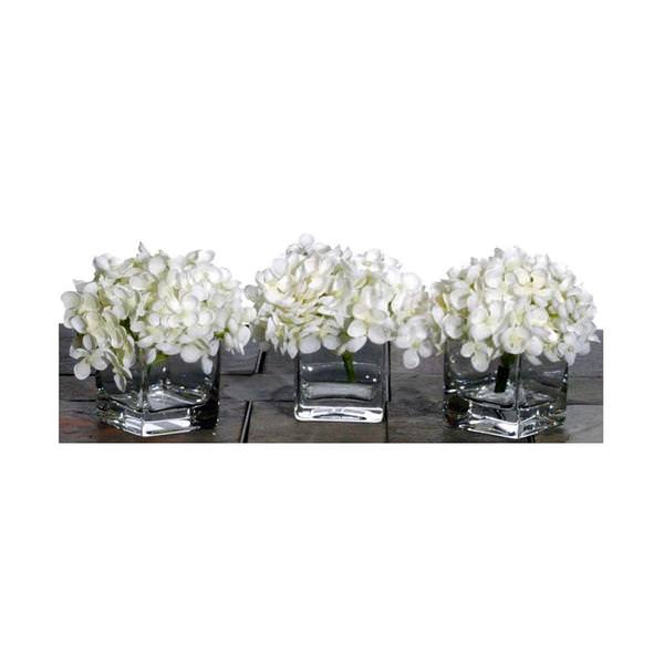 5" Artificial Mini White Hydrangea in Clear Glass Cube (3 pack)