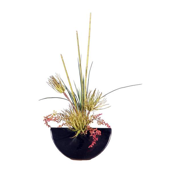22" Artificial Tillandsia Reeds and Berrys in Gun Metal Gray Ceramic Container