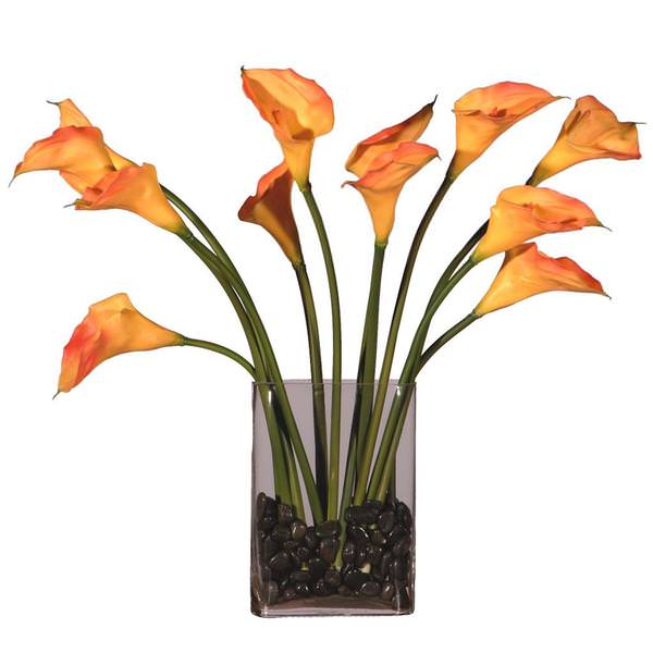 24" Artificial 12 Natural Touch Peach Calla Lilys in an Oval Glass Vase with Decorative Stones and Acrylic Water