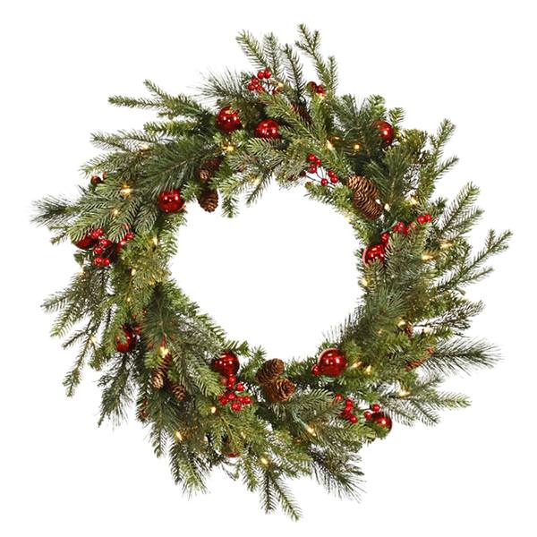 24" Artificial Mixed Red Berry-Ball Wreath 50 Clear Miniature Lights