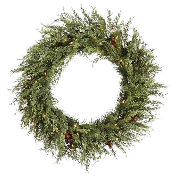 24" Artificial Cedar Pine Cone Wreath 50 Clear Miniature Lights