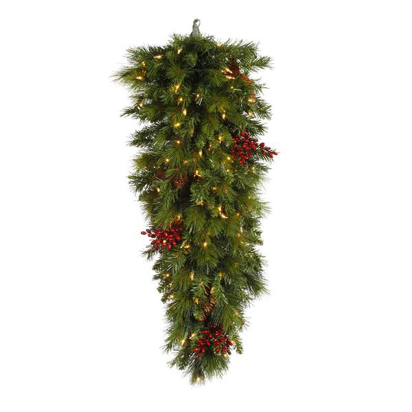 32" Artificial Mixed Red Berry Cone Teardrop 50 Clear Miniature Lights