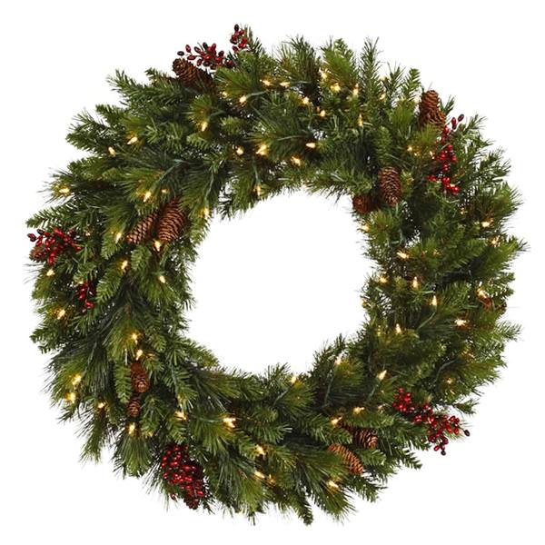 30" Artificial Mixed Red Berry Cone Wreath 100 Clear Miniature Lights