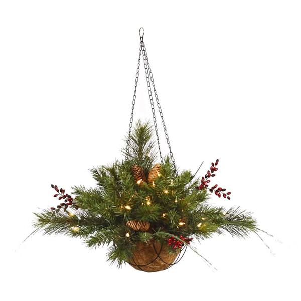 12" x 20" Artificial Mixed Red Berry Cone Hanging Basket 35 Clear Lights