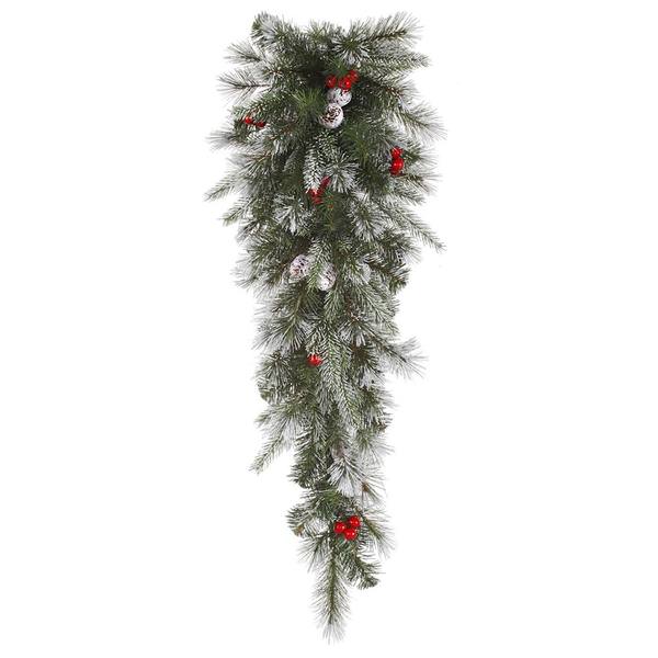 36" Artificial Frosted Pine Berry Teardrop with Frosted Cones and Red Berries