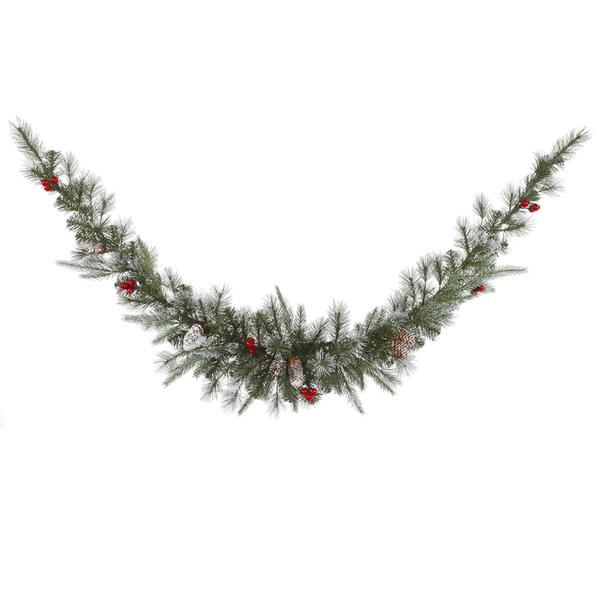 6' Artificial Frosted Pine Berry Swag Garland with Red Berries and Frosted Pine Cones