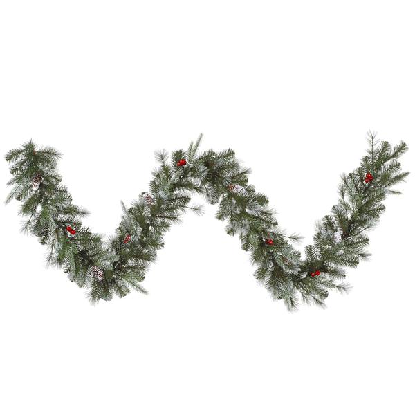 9' x 10" Artificial Frosted Pine Berry Garland with Red Berries and Frosted Pine Cones