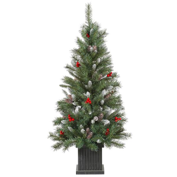 4' x 22" Artificial Frosted Tip Mixed Pine 100 Clear Lights with Red Berries