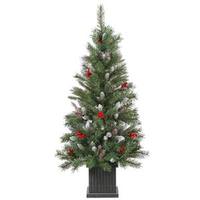 Vickerman 4' x 22" Artificial Frosted Tip Mixed Pine 100 Clear Lights with Red Berries