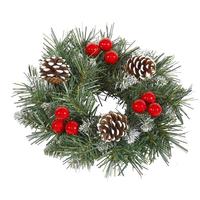 Vickerman 3.25" Frosted Tip Berry Candle Ring with Green and White Tips, Red Berries and White Tip Cones