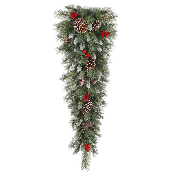 36" Artificial Frosted Tip Berry Teardrop with White Tips, Red Berries and White Tip Cones