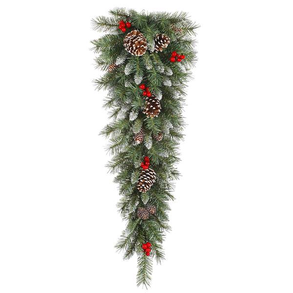 36" Artificial Frosted Tip Mixed Pine Teardrop 35 Clear Lights with Red Berries