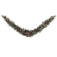 Vickerman 6' Artificial Frosted Tip Berry Swag Garland with 2-Tone Green White Tips, Red Berries and White Tip Pine Cones
