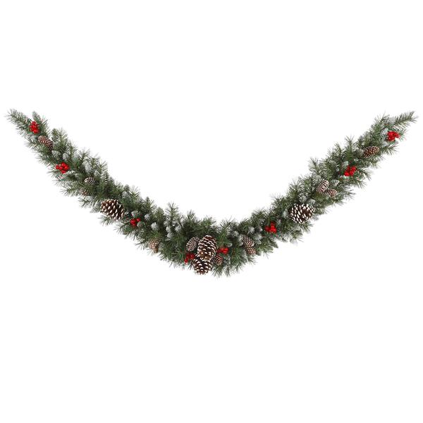 6' Artificial Frosted Tip Mixed Pine Swag Garland 35 Clear Lights with Red Berries