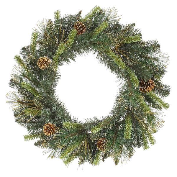 30" Artificial Antique Gold Glitter Tip Mixed Pine Wreath 100 Clear Lights with Cones