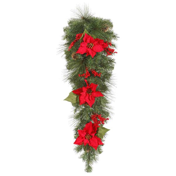 36" Artificial Poinsettia Mixed Pine Teardrop 35 Clear Lights with Red Berries & Natural Cones