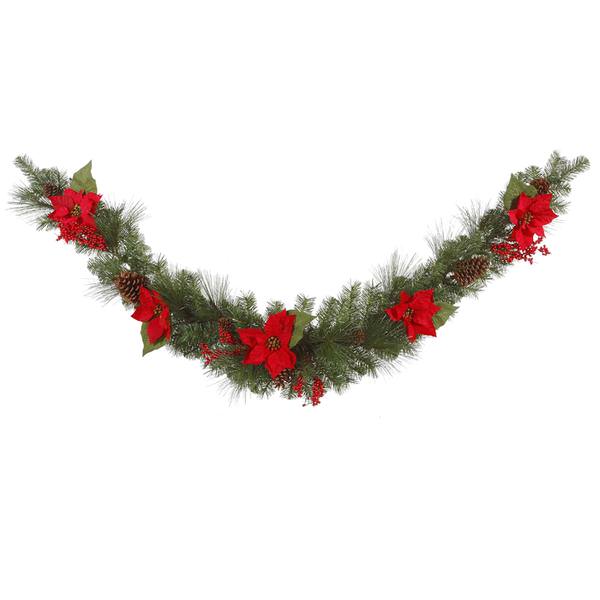 6' Artificial Poinsettia Mixed Pine Swag Garland 35 Clear Lights with Red Berries & Natural Cones