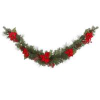 Vickerman 6' Artificial Poinsettia Mixed Pine Swag Garland 35 Clear Lights with Red Berries & Natural Cones