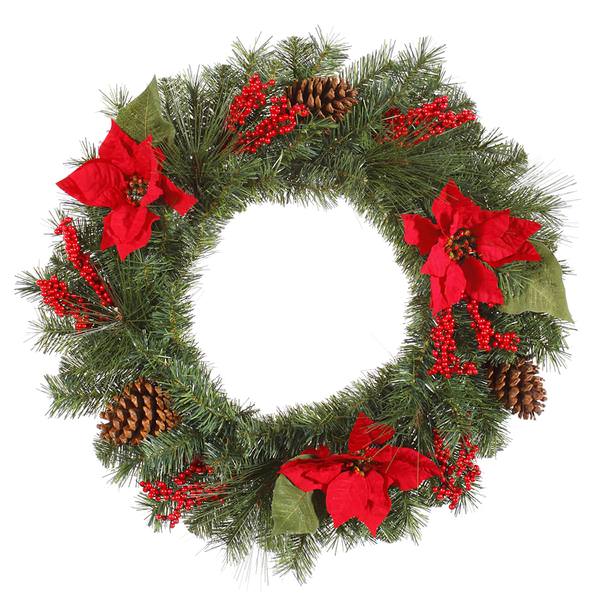24" Artificial Poinsettia Mixed Pine Wreath 50 Clear Lights with Red Berries & Natural Cones