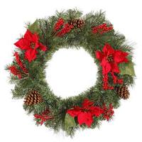 Vickerman 24" Artificial Poinsettia Mixed Pine Wreath 50 Clear Lights with Red Berries & Natural Cones