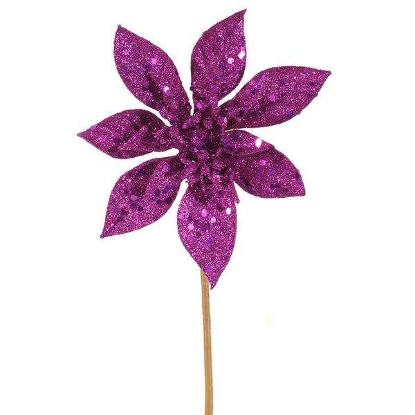 8" Purple Glitter Poinsettia Pick