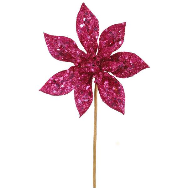 8" Fuchsia Glitter Poinsettia Pick