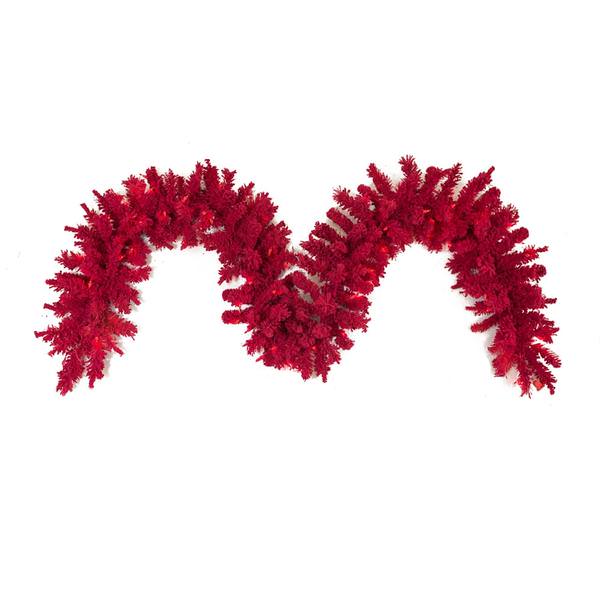 9' x 14" Artificial Flocked Red Garland 100 Red Miniature Lights