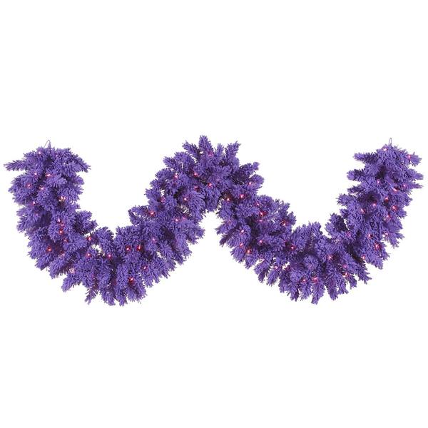 9' x 14" Artificial Flocked Purple Garland 100 Purple Miniature Lights