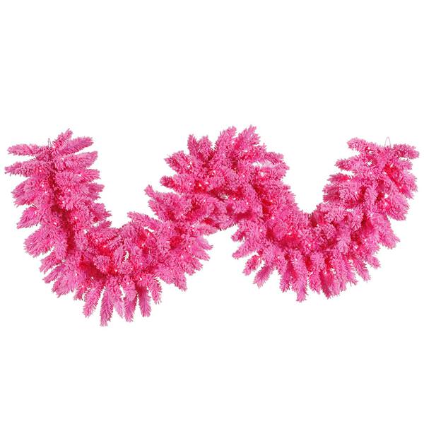 9'x 14" Artificial Flocked Pink Garland 100 Pink Miniature Lights