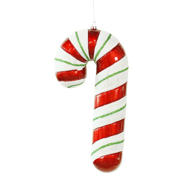 10" Red / White / Green Thick Candy Cane Ornament