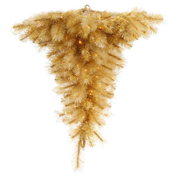 3' x 33" Gold Glitter Hanging Upside Down Mixed Pine 100 Clear Lights