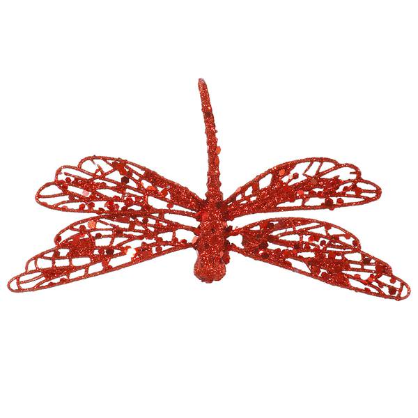 6" Red Glittered Dragonfly Ornament with Clip