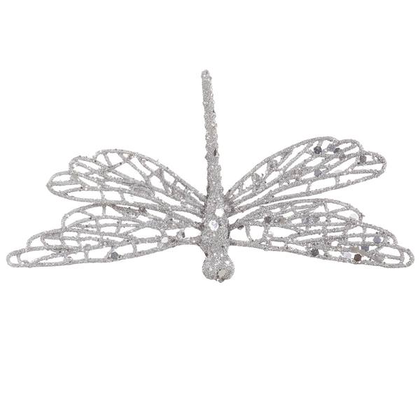 6" Silver Glittered Dragonfly Ornament with Clip