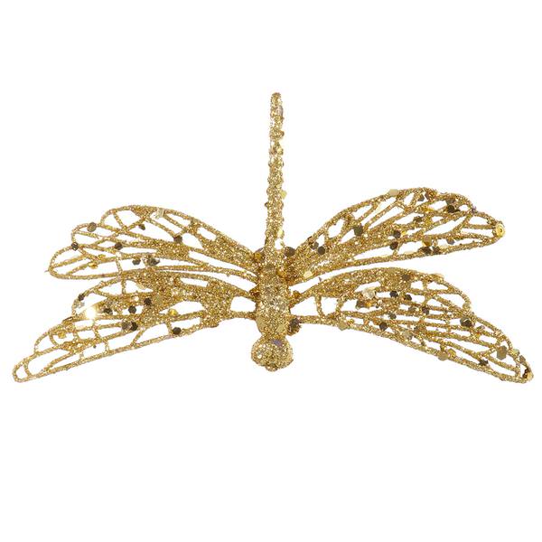 6" Gold Glittered Dragonfly Ornament with Clip