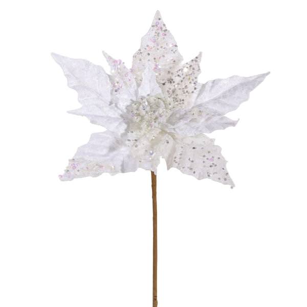 10" White Velvet Mica Poinsettia Pick