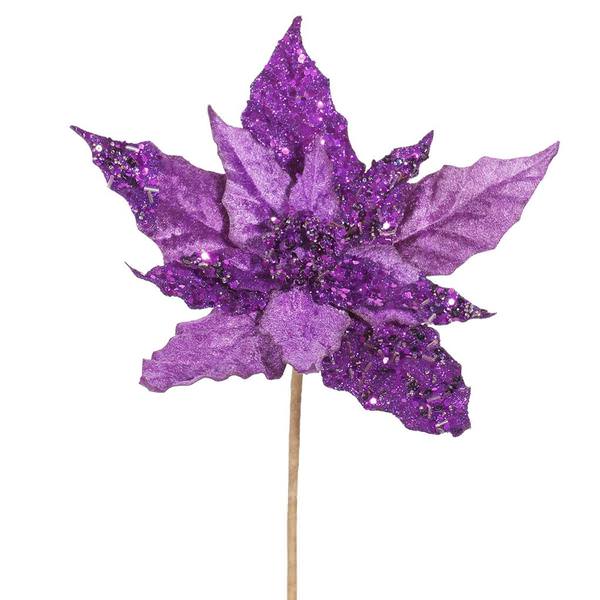 10" Purple Velvet Mica Poinsettia Pick
