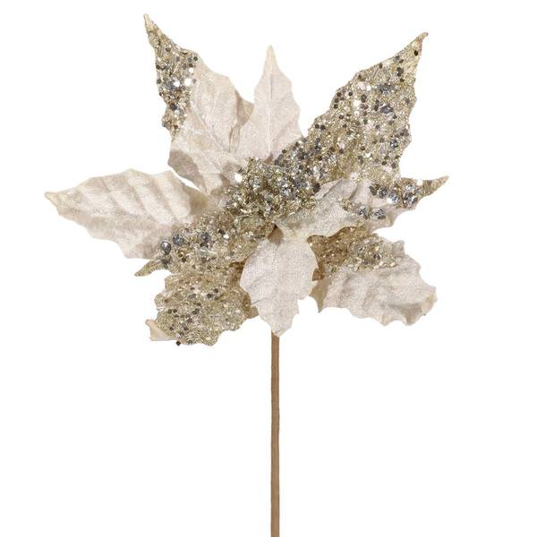 10" Champagne Velvet Mica Poinsettia Pick