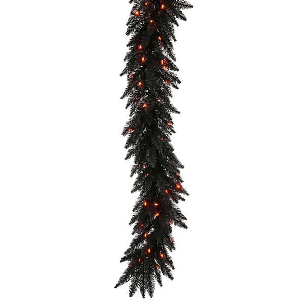9' x 14" Artificial Black Fir Garland 100 Orange Lights