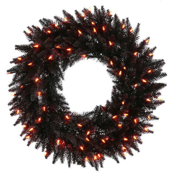 24" Artificial Black Fir Wreath 50 Orange Lights