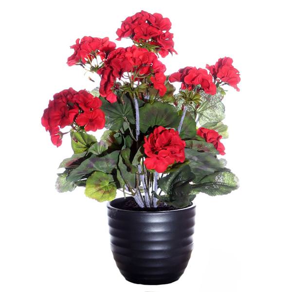 18" Artificial Red Geranium / Black Ceramic