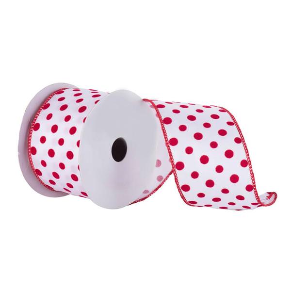 2.5" x 10yd White / Red Dot Ribbon