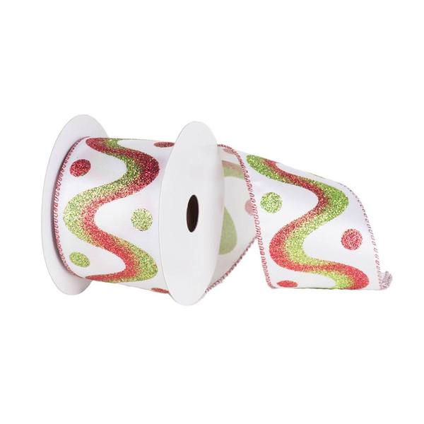 2.5" x 10yd White / Red / Green Swirl Dot Ribbon