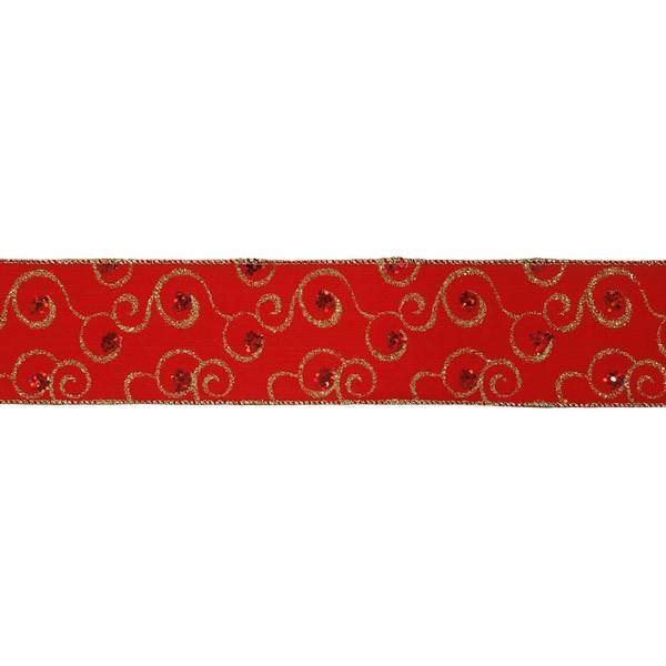 2.5" x 10yd Red Velvet Gold Swirl Ribbon