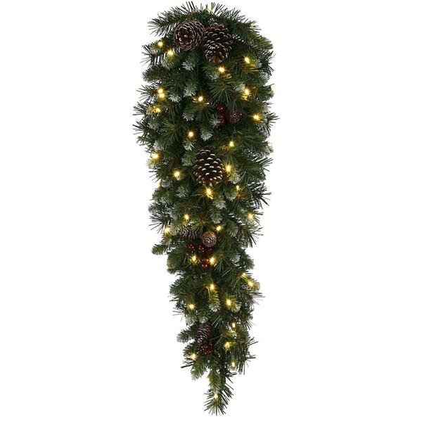 36" x 14" Artificial Ashberry Pine Teardrop 40 Warm White Wide Angle LED Lights with Pine Cones and Berries