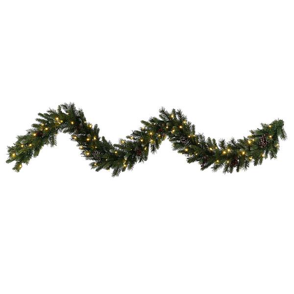 9' x 14" Artificial Ashberry Pine Garland 80 Warm White Wide Angle LED Lights with Berries and Pine Cones