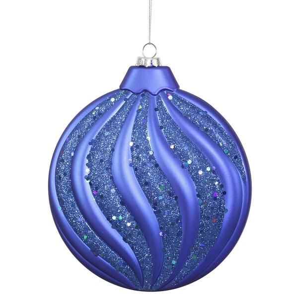 6" Blue Matte Glitter Swirl Flat Ball Ornament