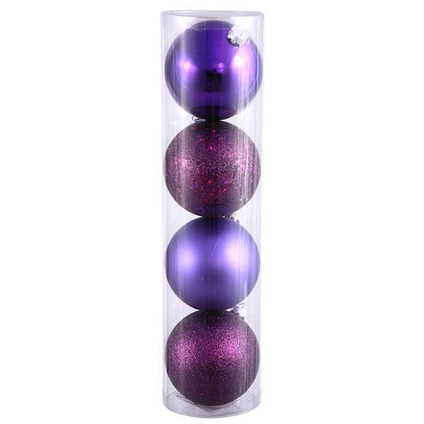 6" Plum Shiny Matte Glitter Sequin Ball Ornament (4 pack)