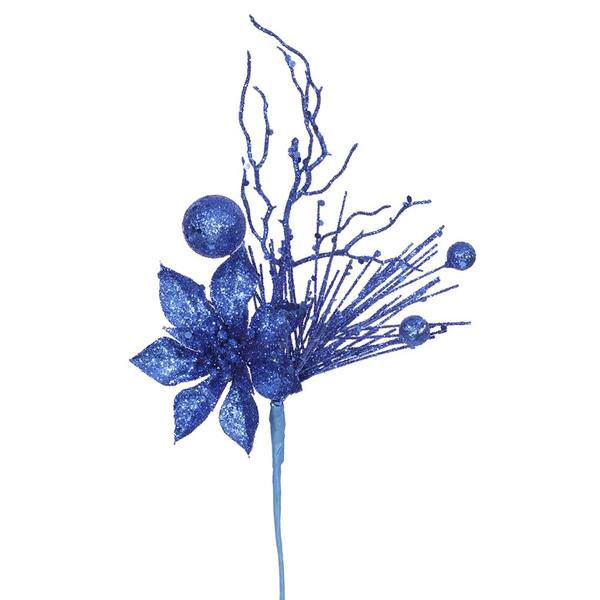 14" Blue Glitter Poinsettia Berry Spray