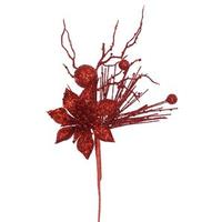 Vickerman 14" Red Glitter Poinsettia Berry Spray